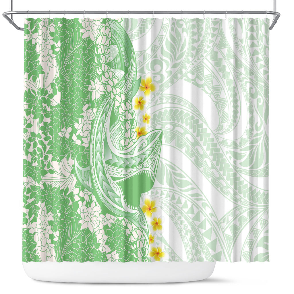 Green Hawaii Shark Tattoo Shower Curtain Puakenikeni Lei Plumeria Polynesian Pattern LT14 Green - Polynesian Pride
