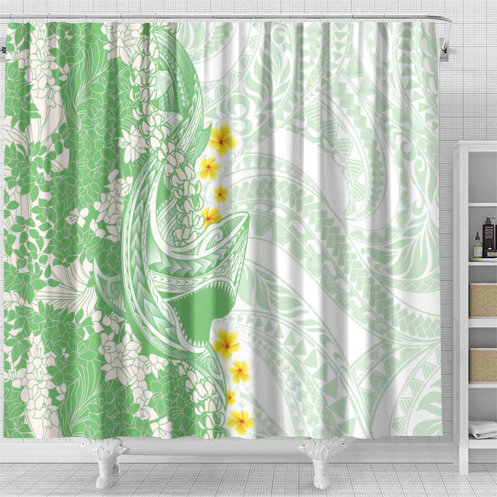 Green Hawaii Shark Tattoo Shower Curtain Puakenikeni Lei Plumeria Polynesian Pattern LT14 - Polynesian Pride