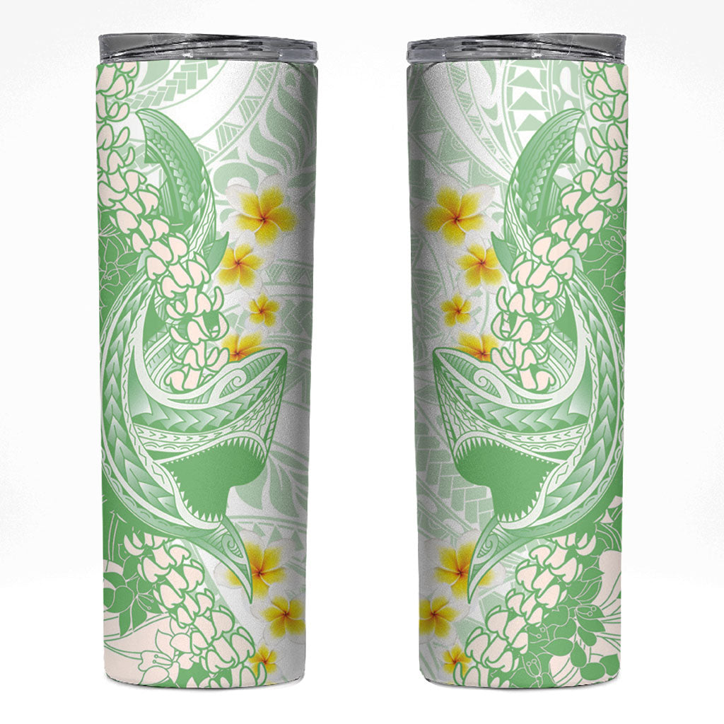 Green Hawaii Shark Tattoo Skinny Tumbler Puakenikeni Lei Plumeria Polynesian Pattern