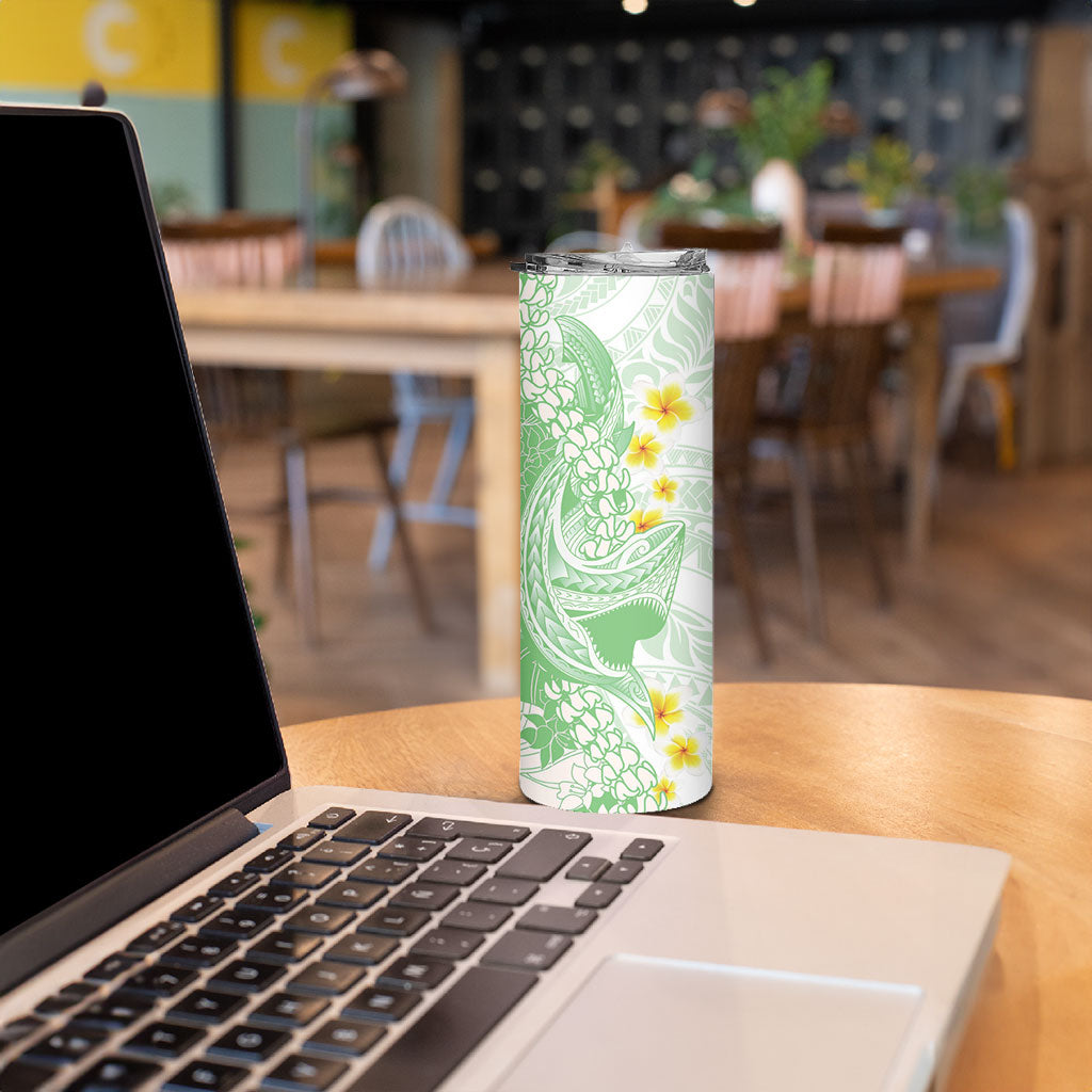 Green Hawaii Shark Tattoo Skinny Tumbler Puakenikeni Lei Plumeria Polynesian Pattern
