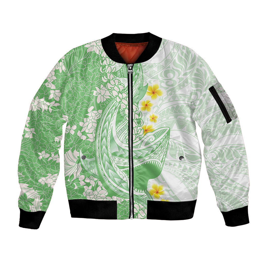 Green Hawaii Shark Tattoo Sleeve Zip Bomber Jacket Puakenikeni Lei Plumeria Polynesian Pattern