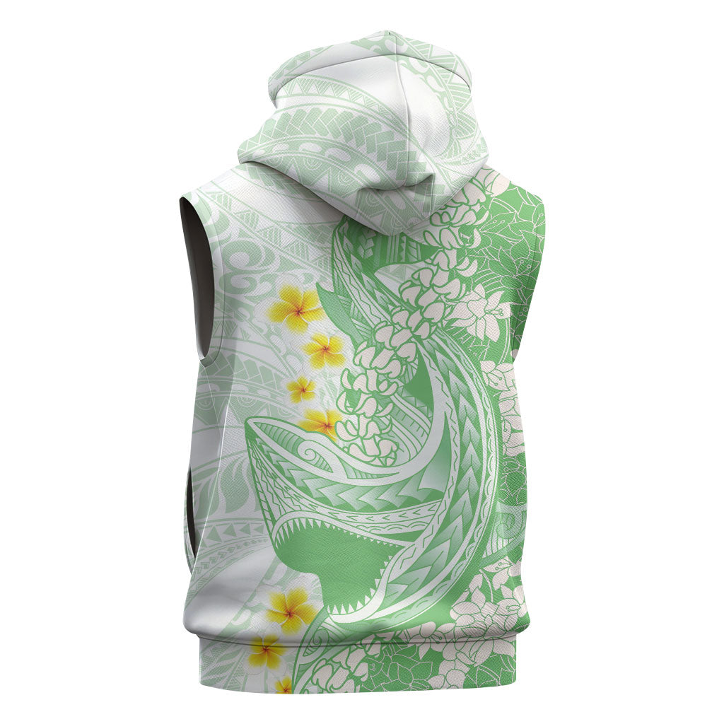 Green Hawaii Shark Tattoo Sleeveless Hoodie Puakenikeni Lei Plumeria Polynesian Pattern LT14 - Polynesian Pride