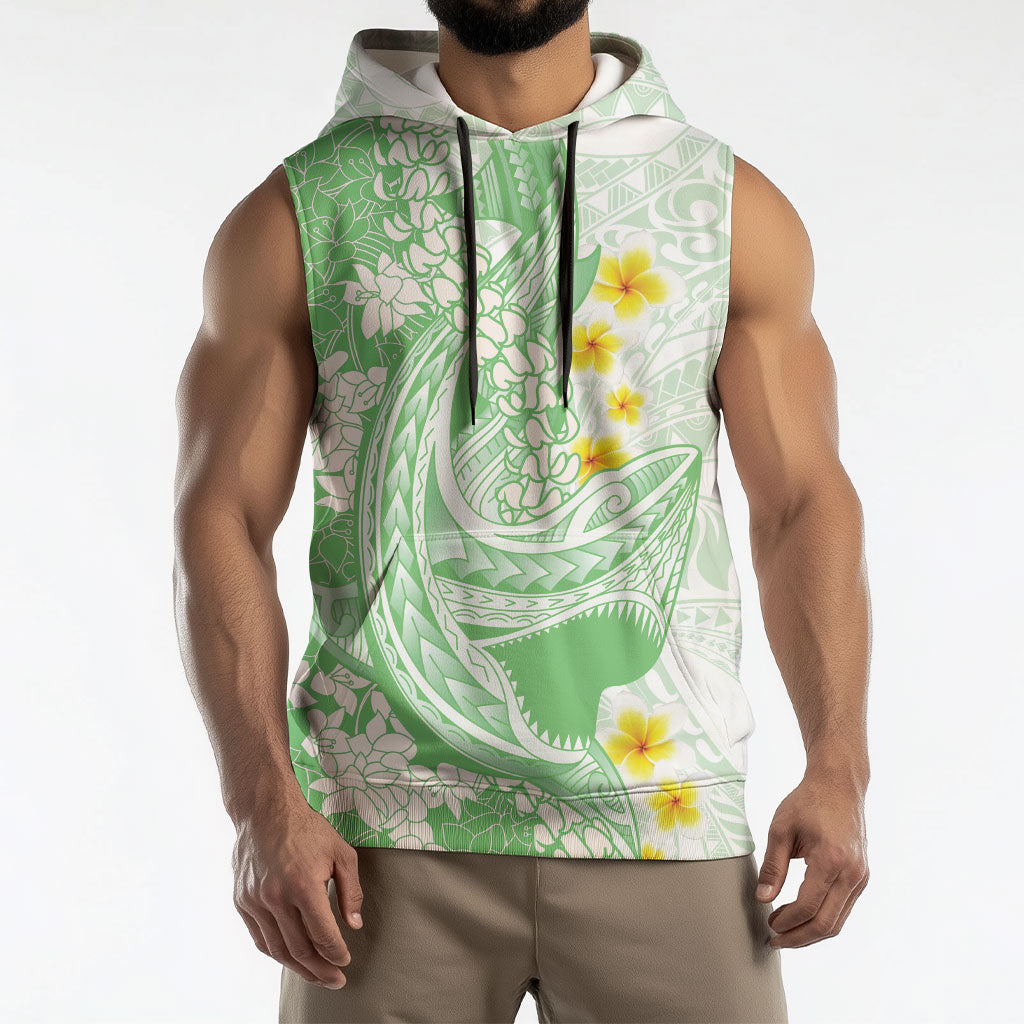 Green Hawaii Shark Tattoo Sleeveless Hoodie Puakenikeni Lei Plumeria Polynesian Pattern LT14 - Polynesian Pride