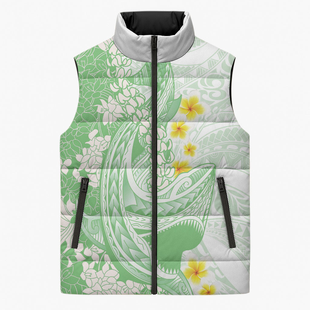 Green Hawaii Shark Tattoo Sleeveless Puffer Jacket Puakenikeni Lei Plumeria Polynesian Pattern