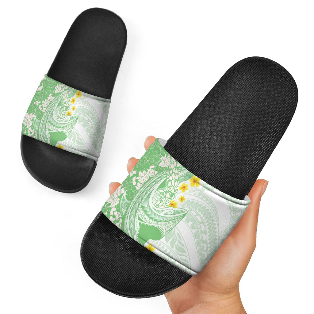 Green Hawaii Shark Tattoo Slide Sandals Puakenikeni Lei Plumeria Polynesian Pattern LT14 - Polynesian Pride