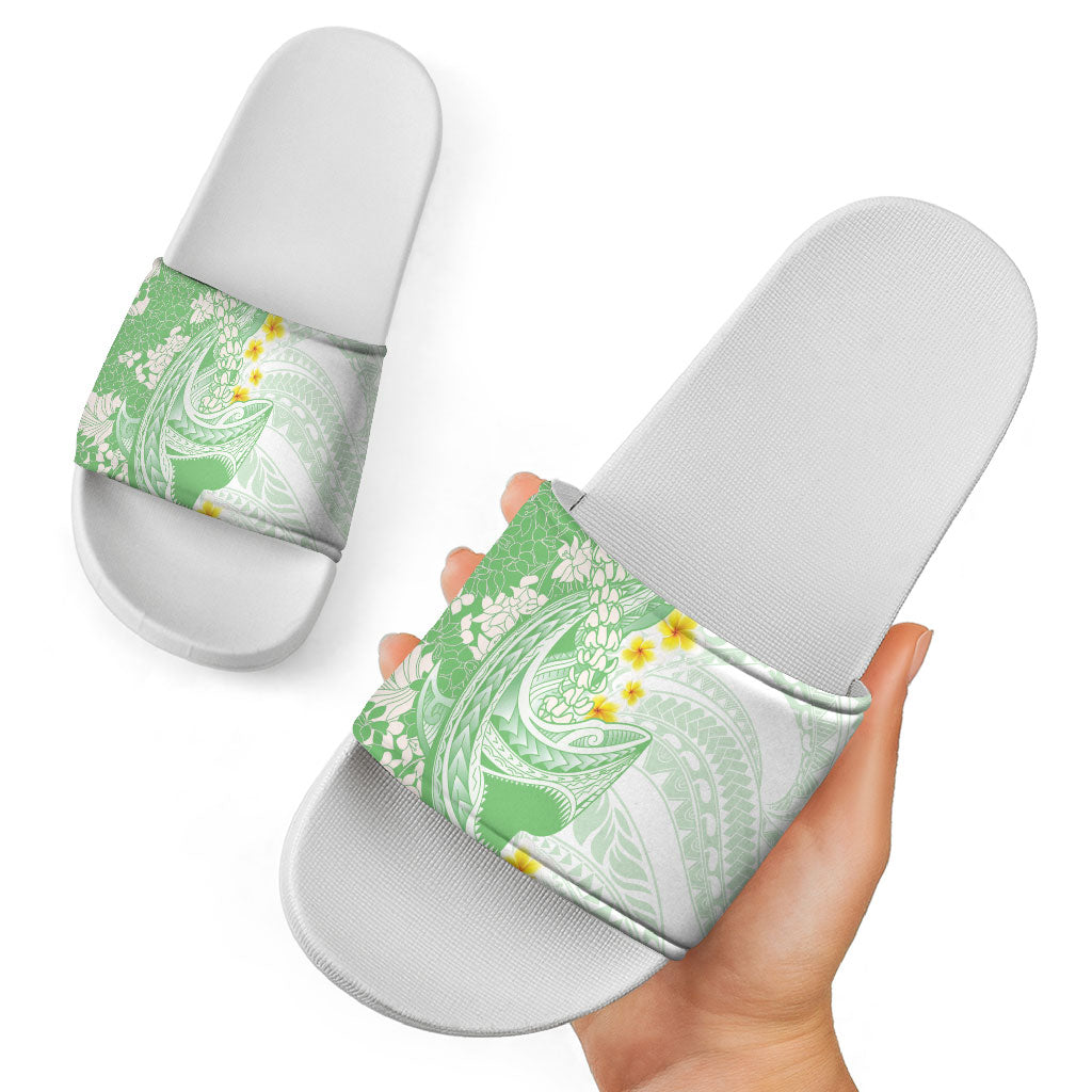 Green Hawaii Shark Tattoo Slide Sandals Puakenikeni Lei Plumeria Polynesian Pattern LT14 - Polynesian Pride