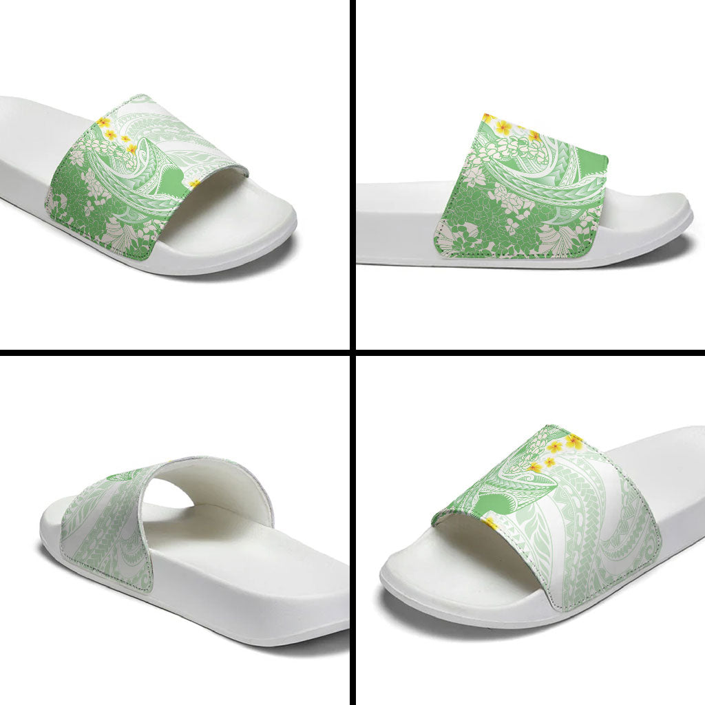 Green Hawaii Shark Tattoo Slide Sandals Puakenikeni Lei Plumeria Polynesian Pattern LT14 - Polynesian Pride