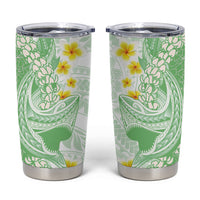 Green Hawaii Shark Tattoo Tumbler Cup Puakenikeni Lei Plumeria Polynesian Pattern