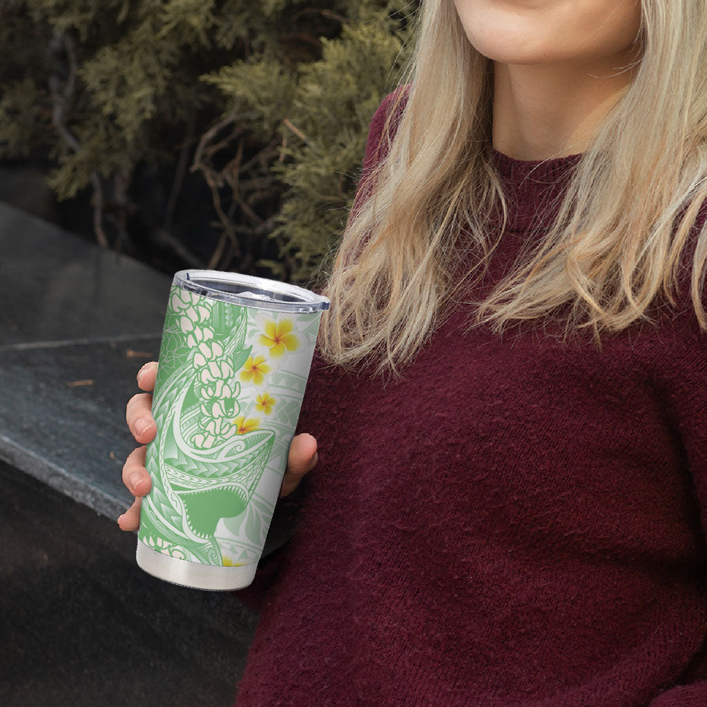 Green Hawaii Shark Tattoo Tumbler Cup Puakenikeni Lei Plumeria Polynesian Pattern