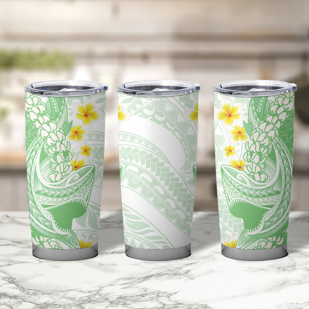 Green Hawaii Shark Tattoo Tumbler Cup Puakenikeni Lei Plumeria Polynesian Pattern