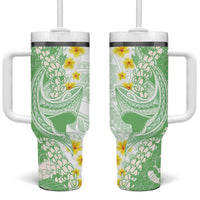 Green Hawaii Shark Tattoo Tumbler With Handle Puakenikeni Lei Plumeria Polynesian Pattern LT14 One Size: 40 oz Green - Polynesian Pride