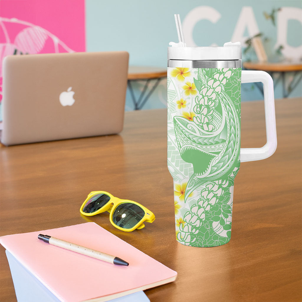 Green Hawaii Shark Tattoo Tumbler With Handle Puakenikeni Lei Plumeria Polynesian Pattern LT14 - Polynesian Pride