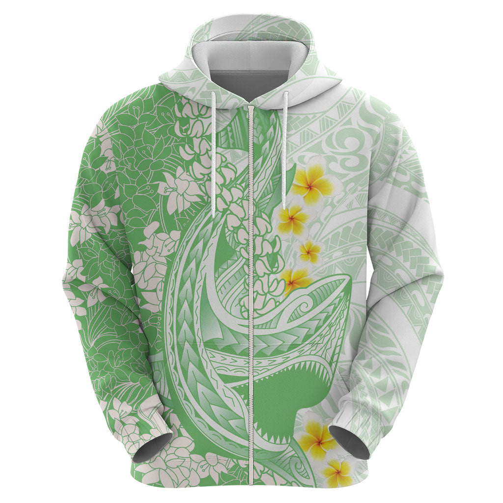 Green Hawaii Shark Tattoo Zip Hoodie Puakenikeni Lei Plumeria Polynesian Pattern LT14 - Polynesian Pride