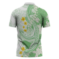 Green Hawaii Shark Tattoo Zipper Polo Shirt Puakenikeni Lei Plumeria Polynesian Pattern LT14 - Polynesian Pride