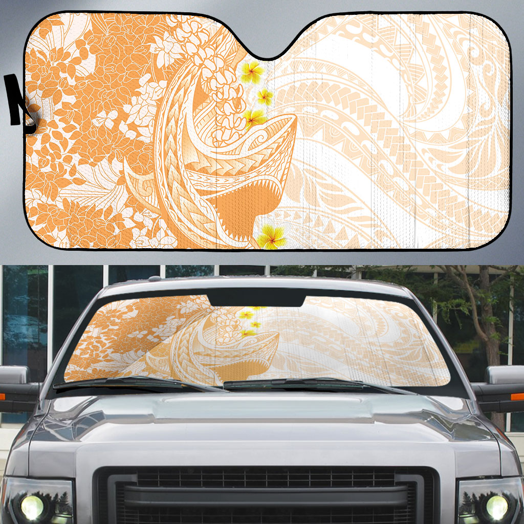 Orange Hawaii Shark Tattoo Auto Sun Shade Puakenikeni Lei Plumeria Polynesian Pattern LT14 Orange - Polynesian Pride