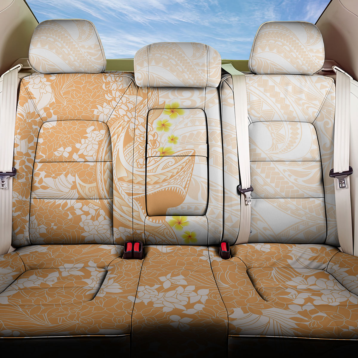 Orange Hawaii Shark Tattoo Back Car Seat Cover Puakenikeni Lei Plumeria Polynesian Pattern LT14 One Size Orange - Polynesian Pride