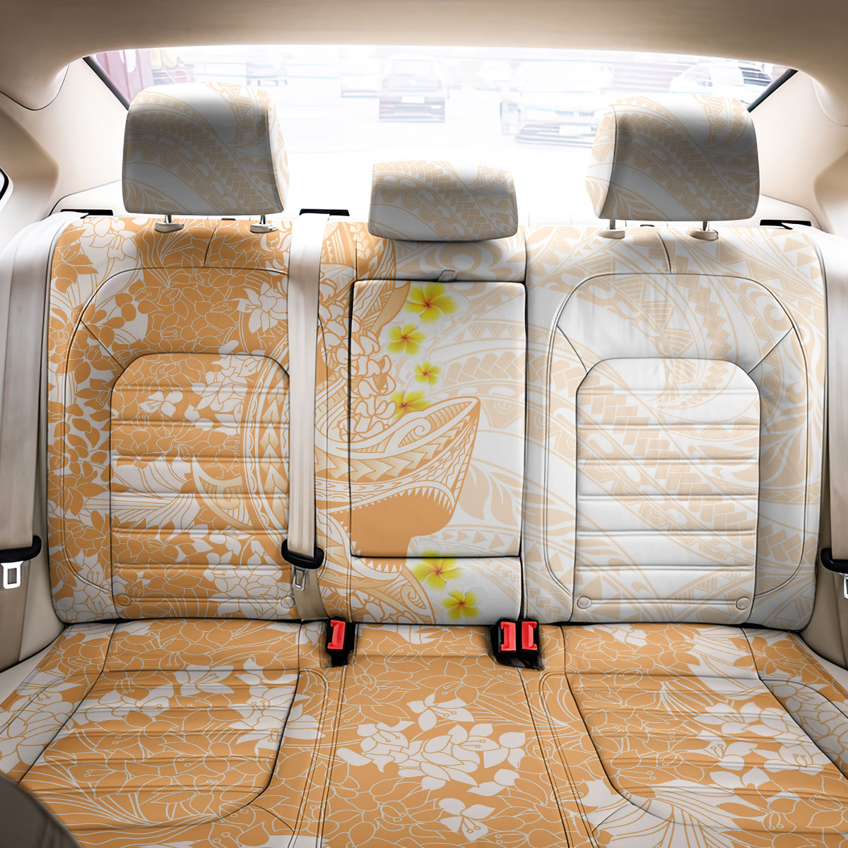 Orange Hawaii Shark Tattoo Back Car Seat Cover Puakenikeni Lei Plumeria Polynesian Pattern LT14 - Polynesian Pride