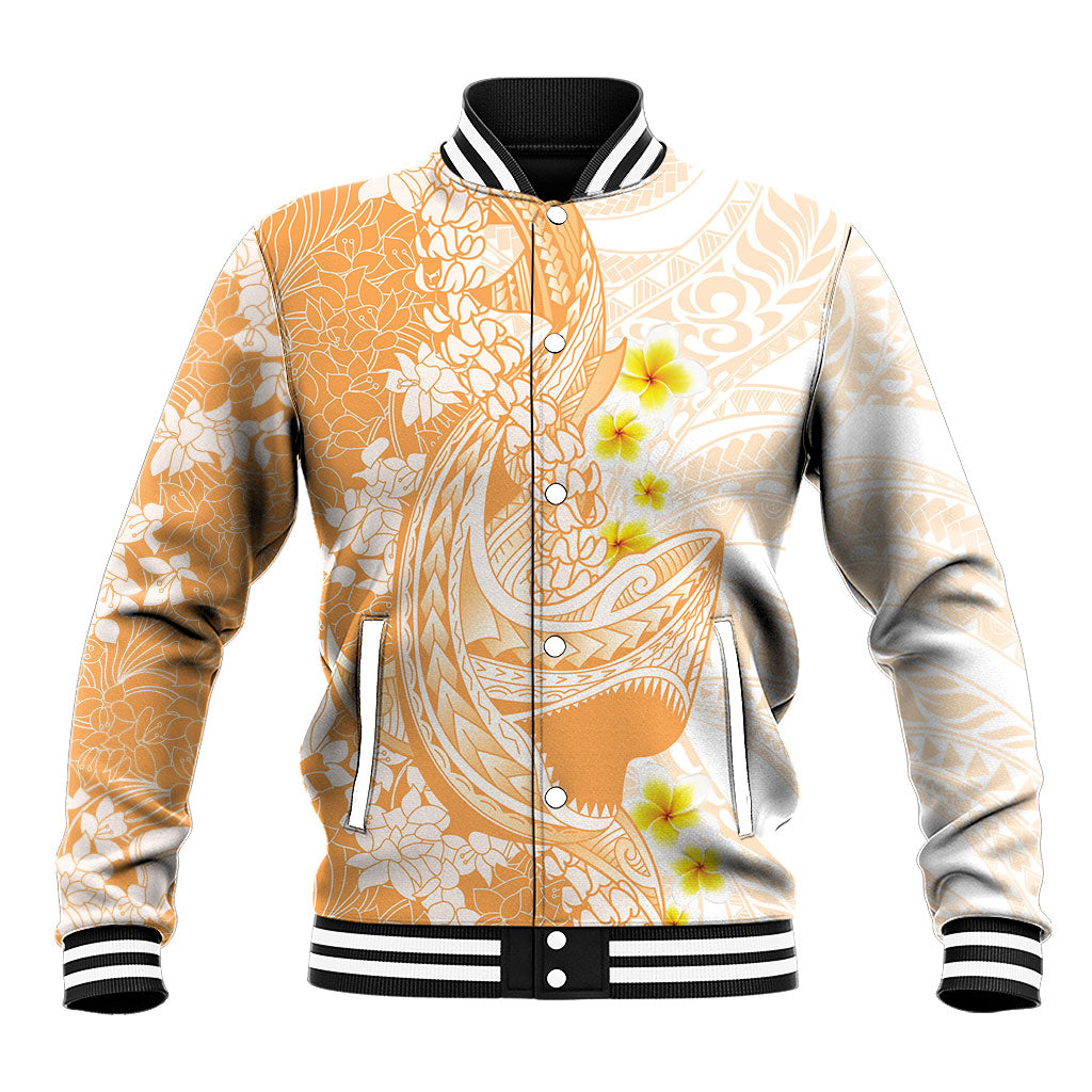 Orange Hawaii Shark Tattoo Baseball Jacket Puakenikeni Lei Plumeria Polynesian Pattern LT14 Unisex Orange - Polynesian Pride