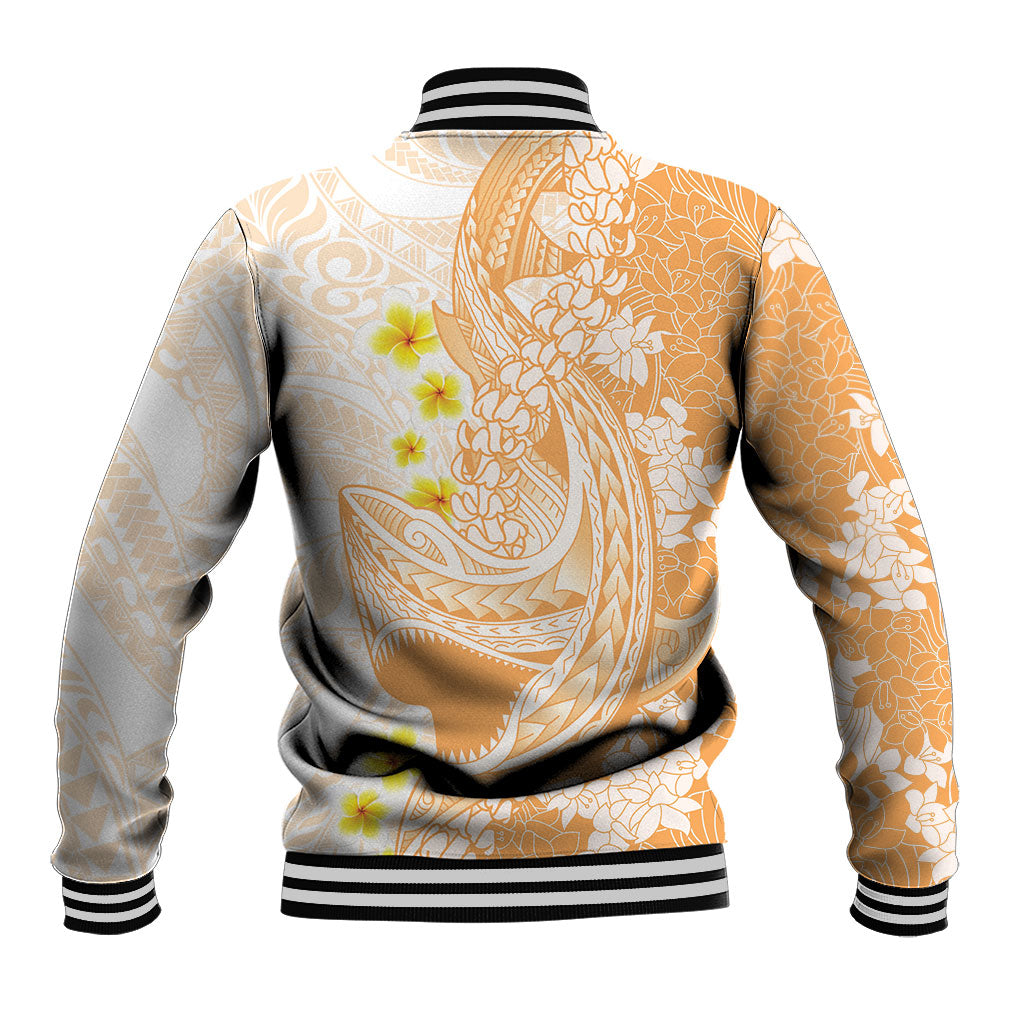 Orange Hawaii Shark Tattoo Baseball Jacket Puakenikeni Lei Plumeria Polynesian Pattern LT14 - Polynesian Pride