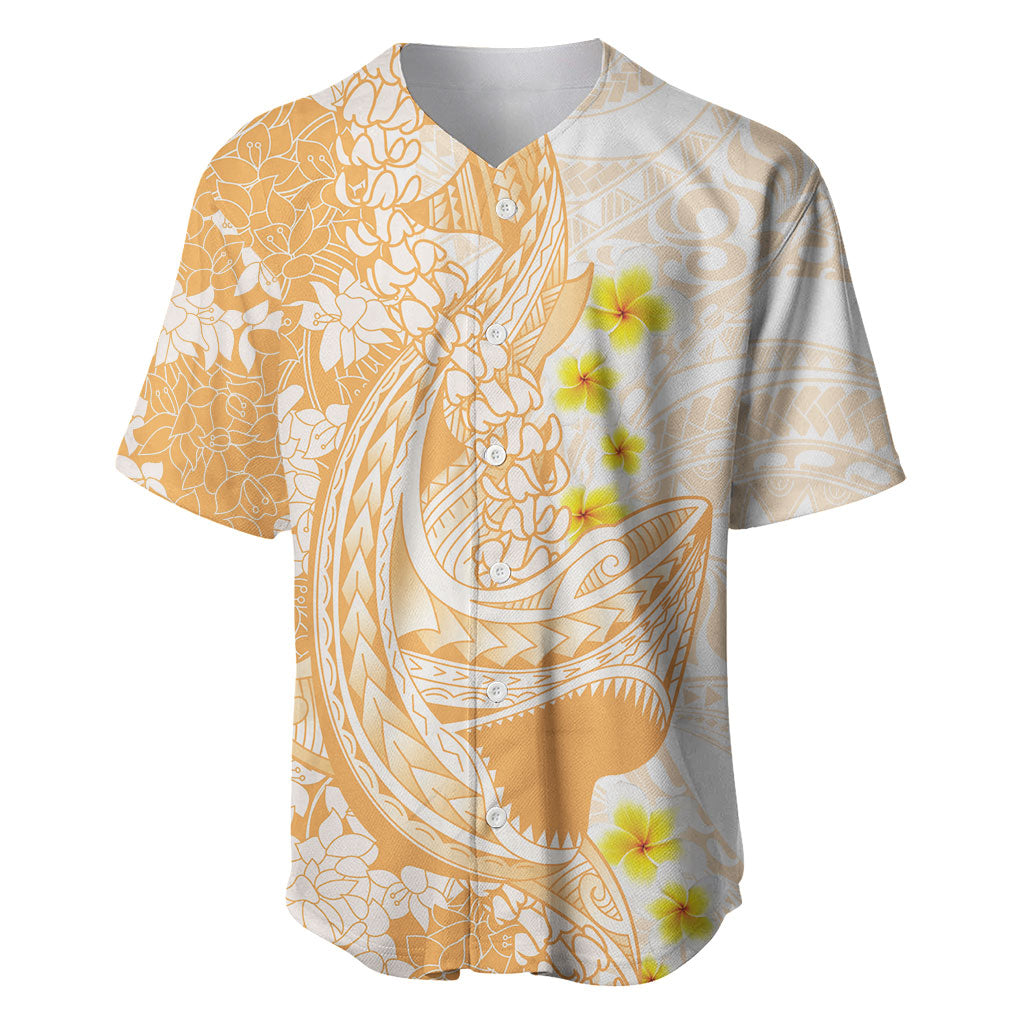 Orange Hawaii Shark Tattoo Baseball Jersey Puakenikeni Lei Plumeria Polynesian Pattern