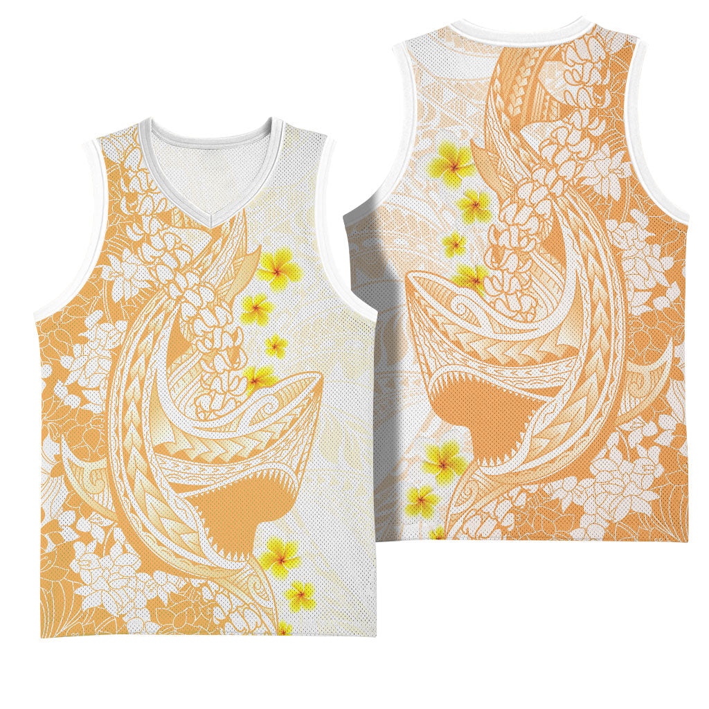 Orange Hawaii Shark Tattoo Basketball Jersey Puakenikeni Lei Plumeria Polynesian Pattern LT14 - Polynesian Pride