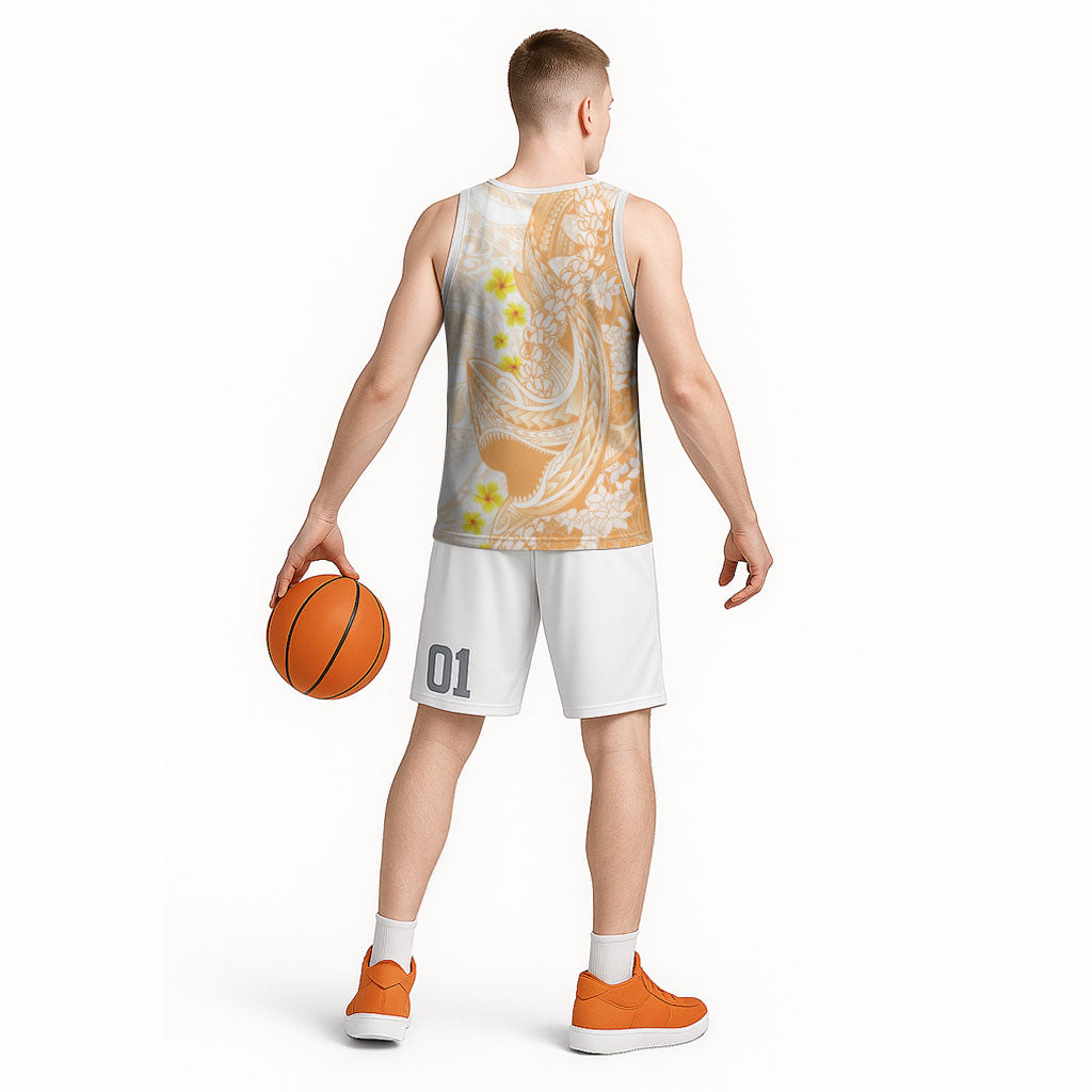Orange Hawaii Shark Tattoo Basketball Jersey Puakenikeni Lei Plumeria Polynesian Pattern LT14 - Polynesian Pride