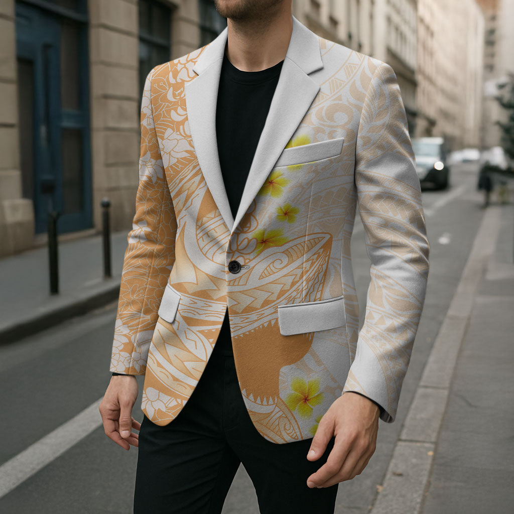 Orange Hawaii Shark Tattoo Blazer Puakenikeni Lei Plumeria Polynesian Pattern LT14 - Polynesian Pride