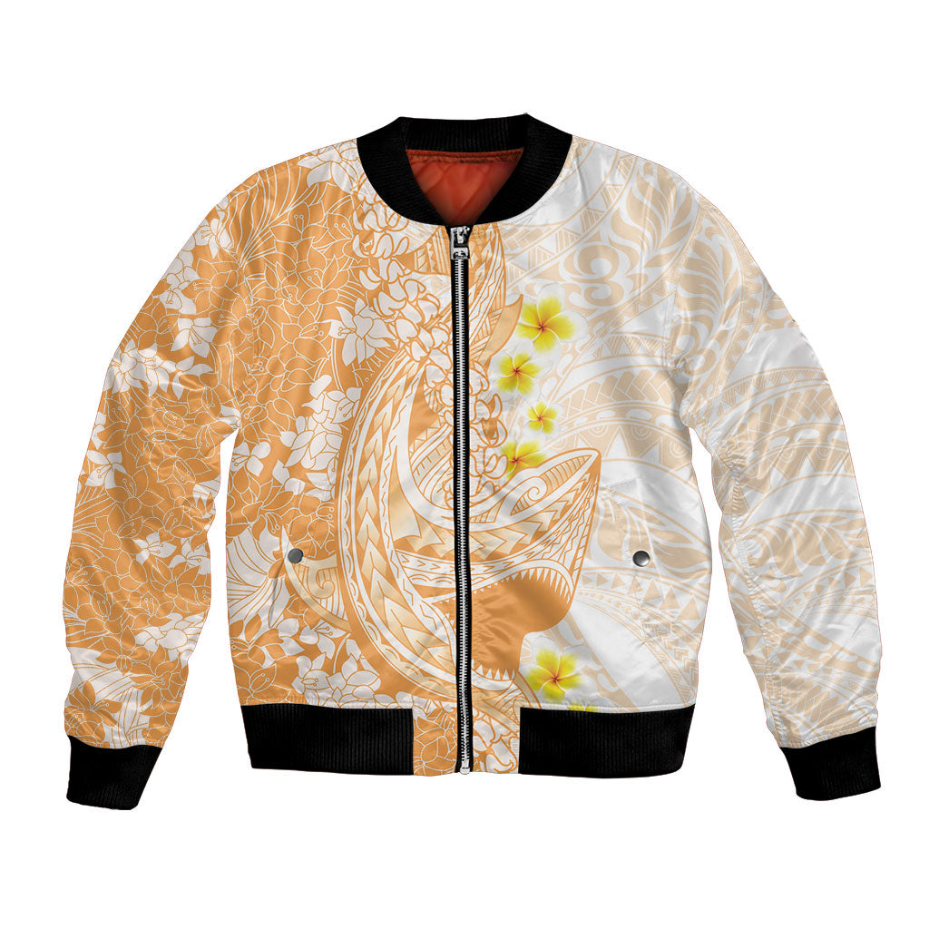 Orange Hawaii Shark Tattoo Bomber Jacket Puakenikeni Lei Plumeria Polynesian Pattern LT14 Unisex Orange - Polynesian Pride