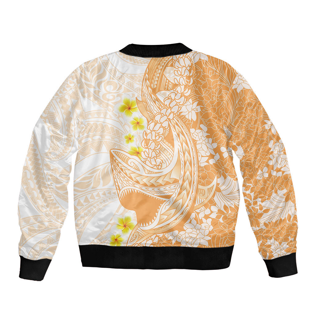 Orange Hawaii Shark Tattoo Bomber Jacket Puakenikeni Lei Plumeria Polynesian Pattern LT14 - Polynesian Pride