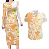 Orange Hawaii Shark Tattoo Couples Matching Long Sleeve Bodycon Dress and Hawaiian Shirt Puakenikeni Lei Plumeria Polynesian Pattern