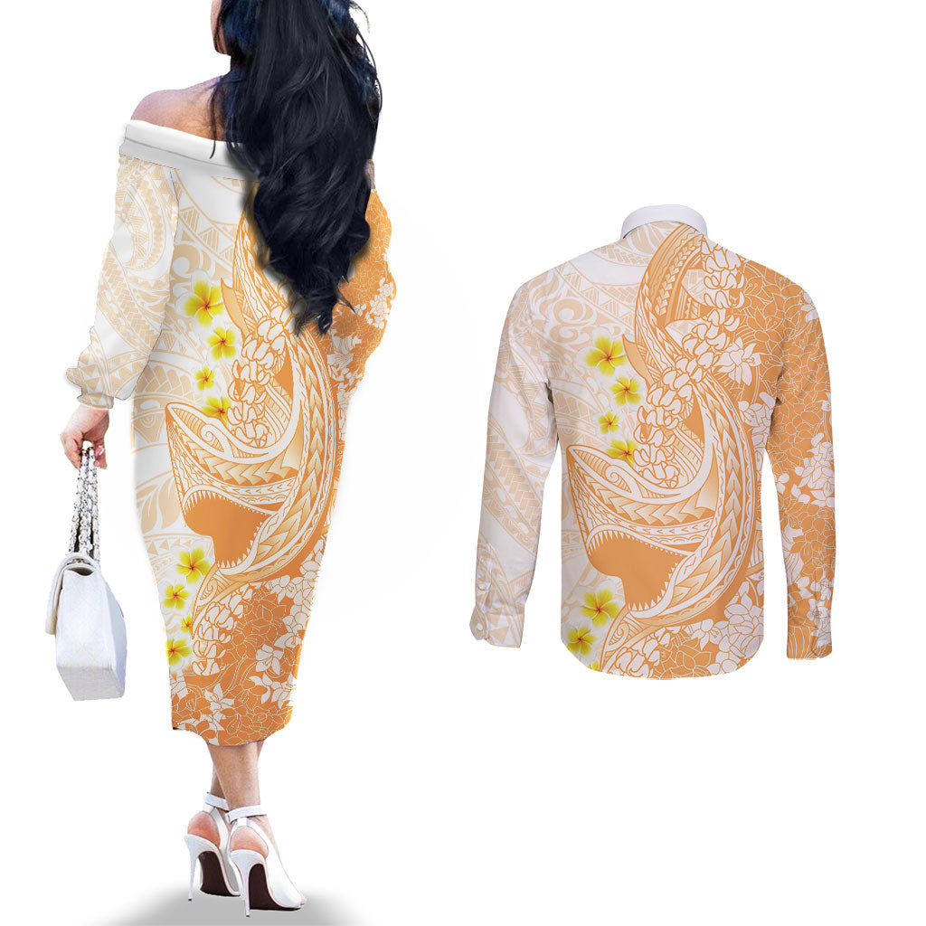 Orange Hawaii Shark Tattoo Couples Matching Off The Shoulder Long Sleeve Dress and Long Sleeve Button Shirt Puakenikeni Lei Plumeria Polynesian Pattern