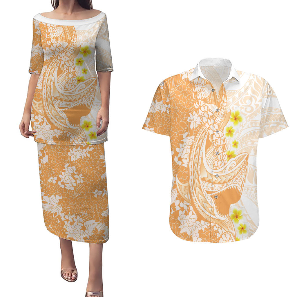 Orange Hawaii Shark Tattoo Couples Matching Puletasi and Hawaiian Shirt Puakenikeni Lei Plumeria Polynesian Pattern