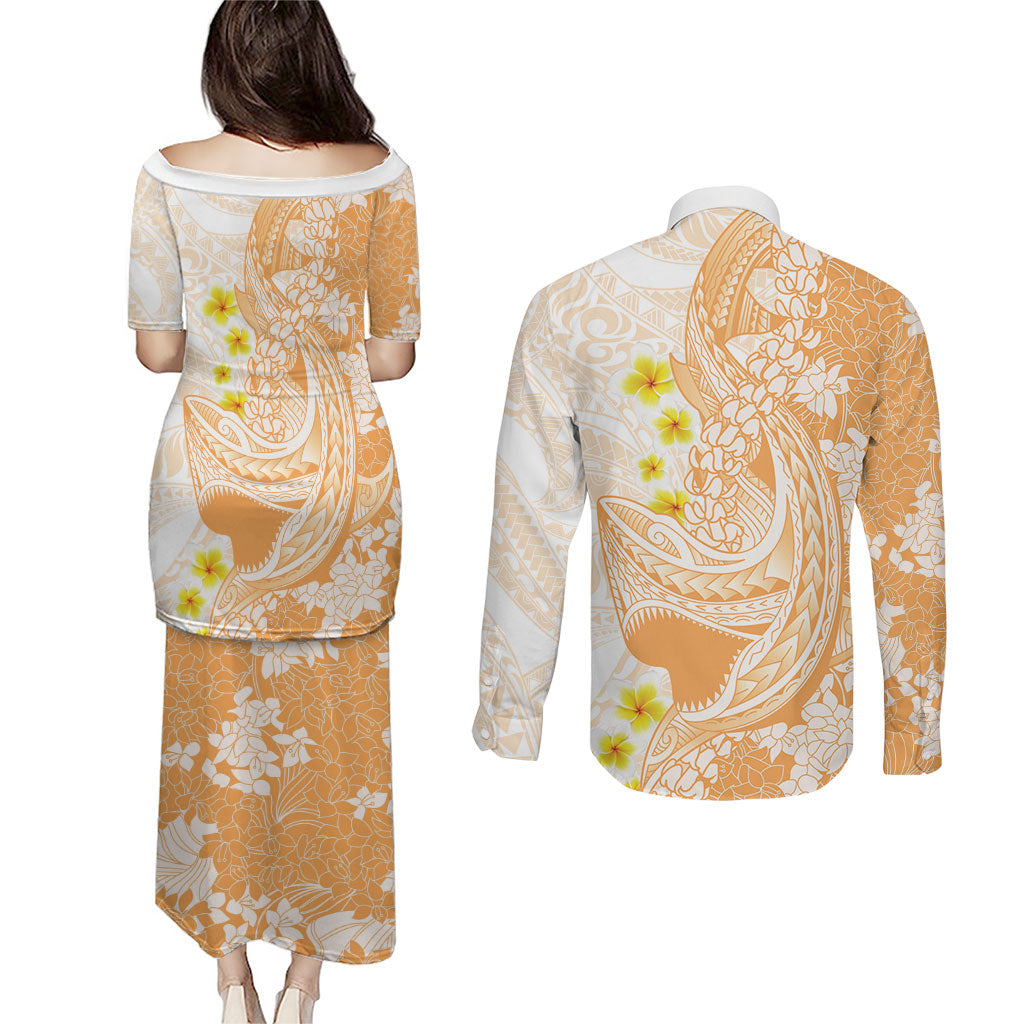 Orange Hawaii Shark Tattoo Couples Matching Puletasi and Long Sleeve Button Shirt Puakenikeni Lei Plumeria Polynesian Pattern LT14 - Polynesian Pride