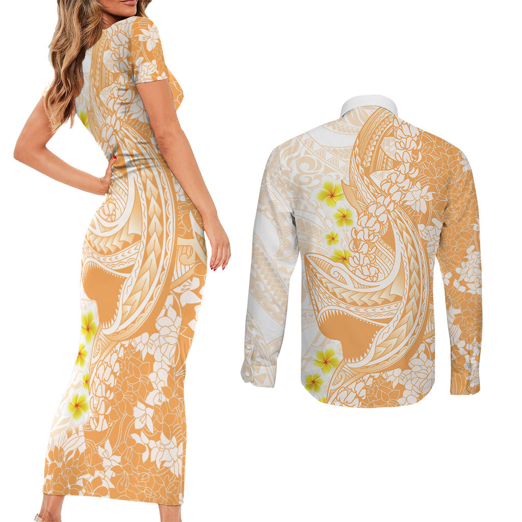 Orange Hawaii Shark Tattoo Couples Matching Short Sleeve Bodycon Dress and Long Sleeve Button Shirt Puakenikeni Lei Plumeria Polynesian Pattern