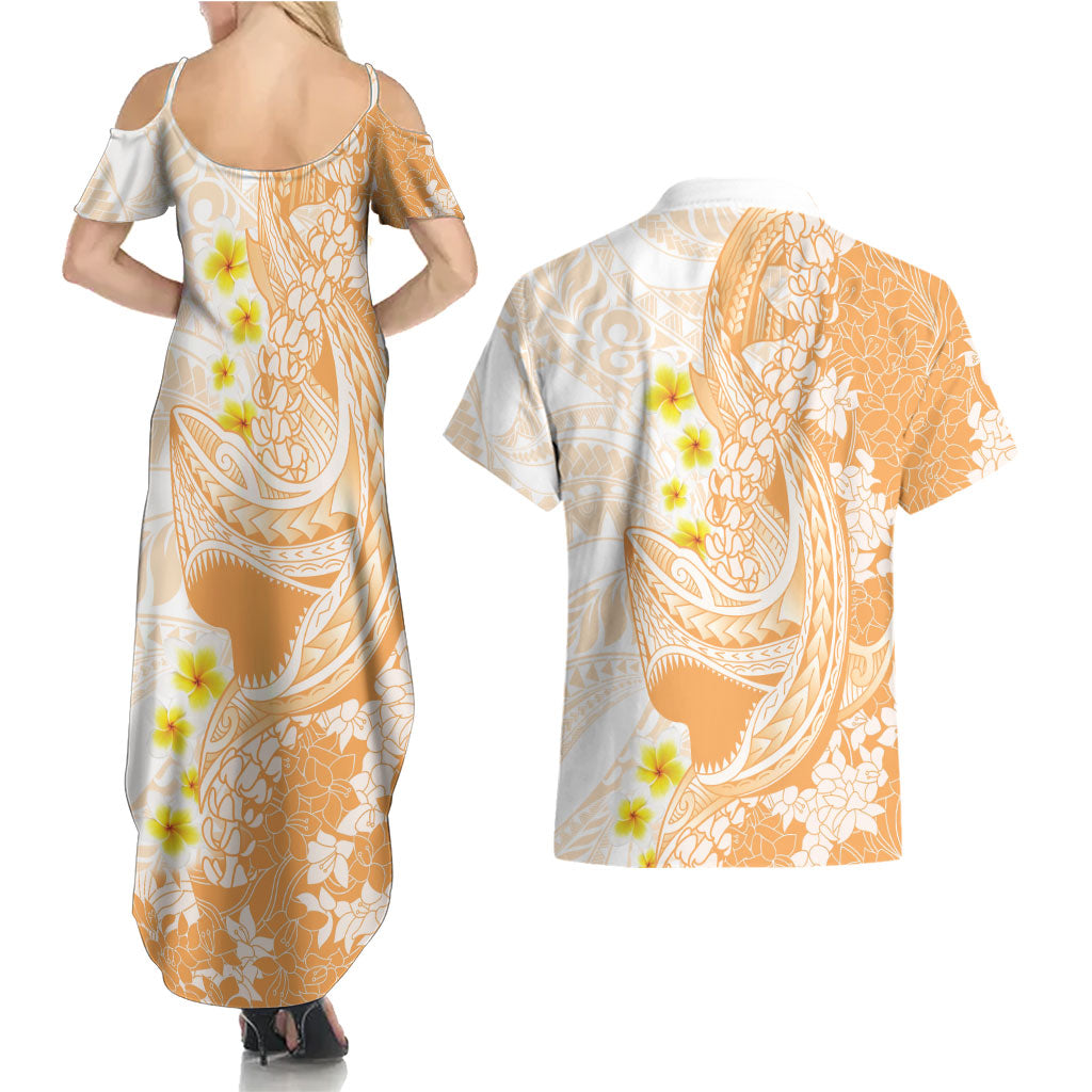 Orange Hawaii Shark Tattoo Couples Matching Summer Maxi Dress and Hawaiian Shirt Puakenikeni Lei Plumeria Polynesian Pattern
