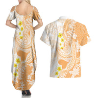 Orange Hawaii Shark Tattoo Couples Matching Summer Maxi Dress and Hawaiian Shirt Puakenikeni Lei Plumeria Polynesian Pattern