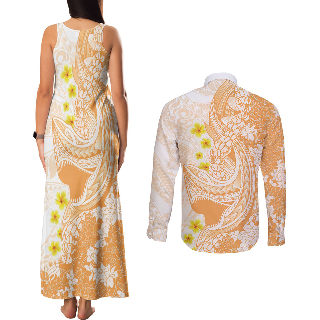 Orange Hawaii Shark Tattoo Couples Matching Tank Maxi Dress and Long Sleeve Button Shirt Puakenikeni Lei Plumeria Polynesian Pattern
