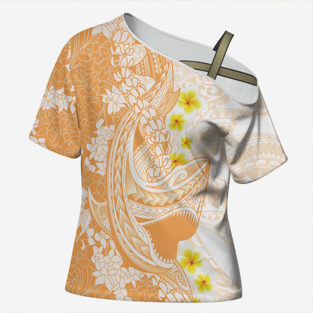 Orange Hawaii Shark Tattoo Cross Shoulder Shirt Puakenikeni Lei Plumeria Polynesian Pattern