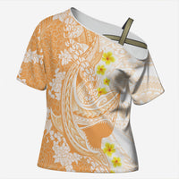Orange Hawaii Shark Tattoo Cross Shoulder Shirt Puakenikeni Lei Plumeria Polynesian Pattern