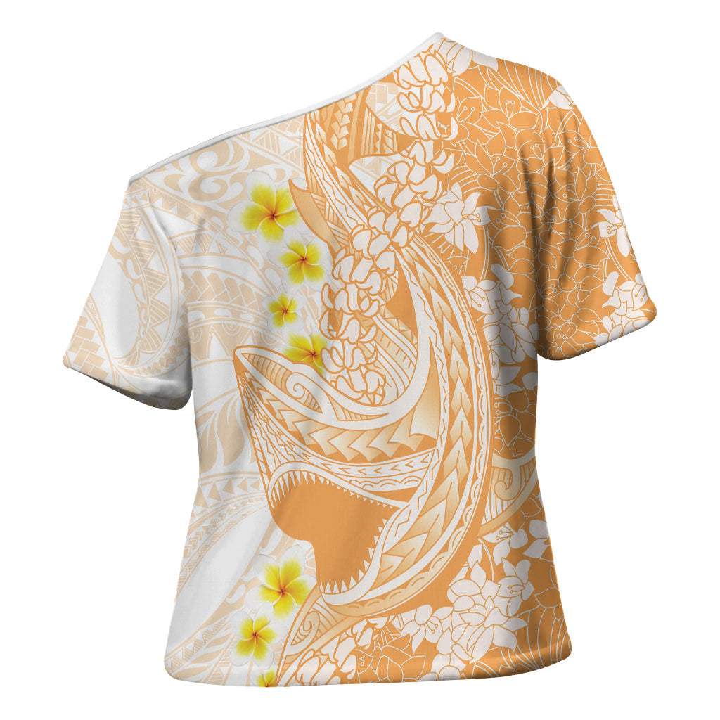 Orange Hawaii Shark Tattoo Cross Shoulder Shirt Puakenikeni Lei Plumeria Polynesian Pattern