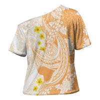 Orange Hawaii Shark Tattoo Cross Shoulder Shirt Puakenikeni Lei Plumeria Polynesian Pattern