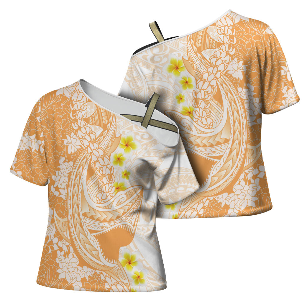 Orange Hawaii Shark Tattoo Cross Shoulder Shirt Puakenikeni Lei Plumeria Polynesian Pattern