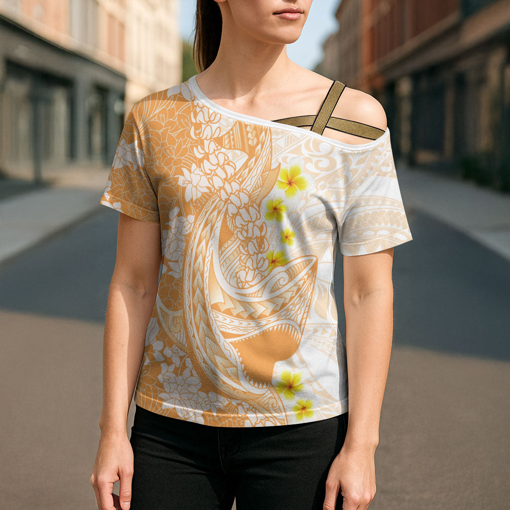 Orange Hawaii Shark Tattoo Cross Shoulder Shirt Puakenikeni Lei Plumeria Polynesian Pattern