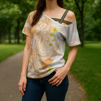 Orange Hawaii Shark Tattoo Cross Shoulder Shirt Puakenikeni Lei Plumeria Polynesian Pattern