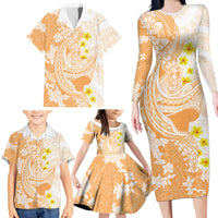 Orange Hawaii Shark Tattoo Family Matching Long Sleeve Bodycon Dress and Hawaiian Shirt Puakenikeni Lei Plumeria Polynesian Pattern
