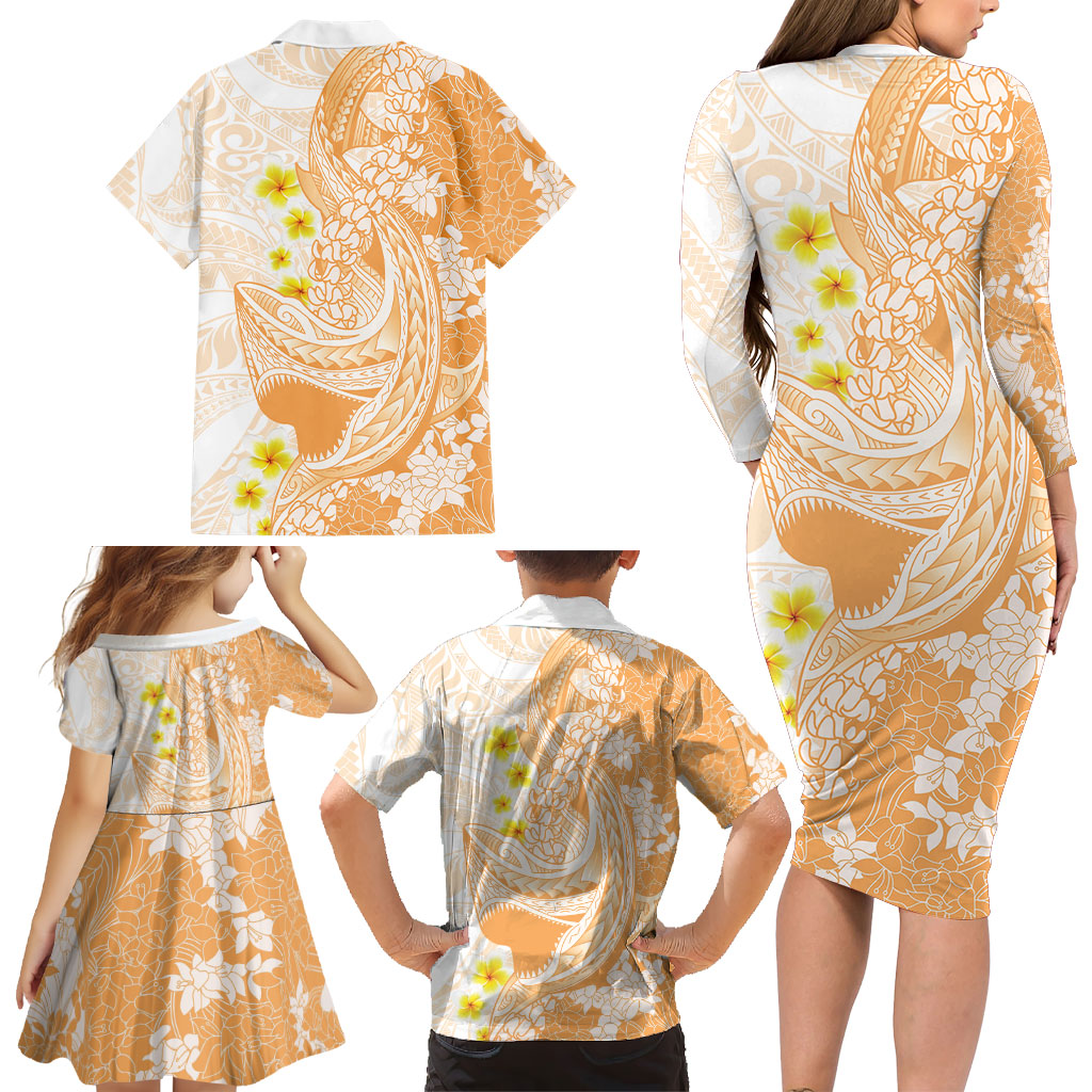 Orange Hawaii Shark Tattoo Family Matching Long Sleeve Bodycon Dress and Hawaiian Shirt Puakenikeni Lei Plumeria Polynesian Pattern