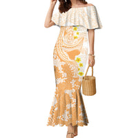 Orange Hawaii Shark Tattoo Family Matching Mermaid Dress and Hawaiian Shirt Puakenikeni Lei Plumeria Polynesian Pattern