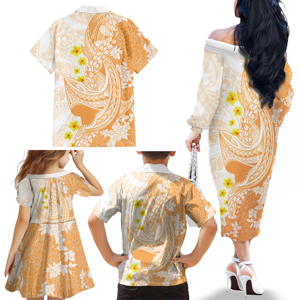 Orange Hawaii Shark Tattoo Family Matching Off The Shoulder Long Sleeve Dress and Hawaiian Shirt Puakenikeni Lei Plumeria Polynesian Pattern