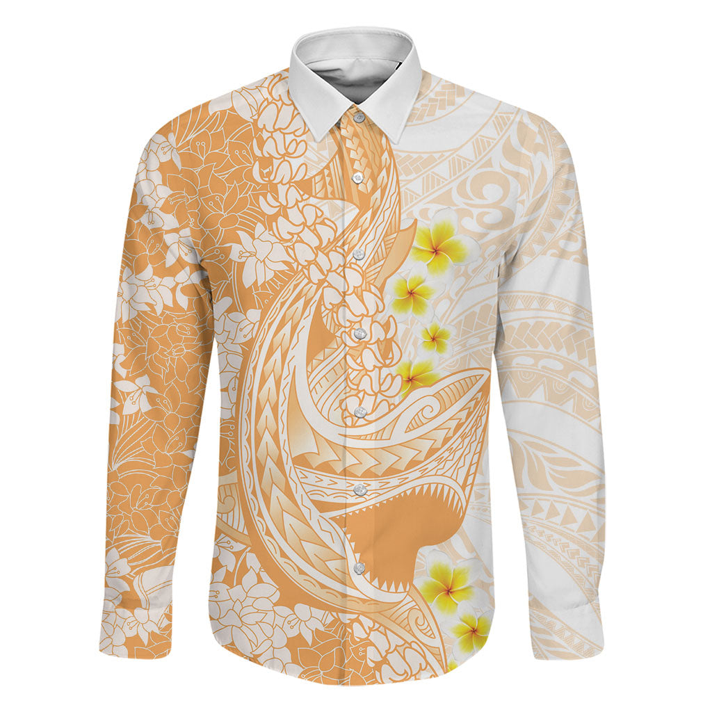 Orange Hawaii Shark Tattoo Family Matching Off The Shoulder Long Sleeve Dress and Hawaiian Shirt Puakenikeni Lei Plumeria Polynesian Pattern