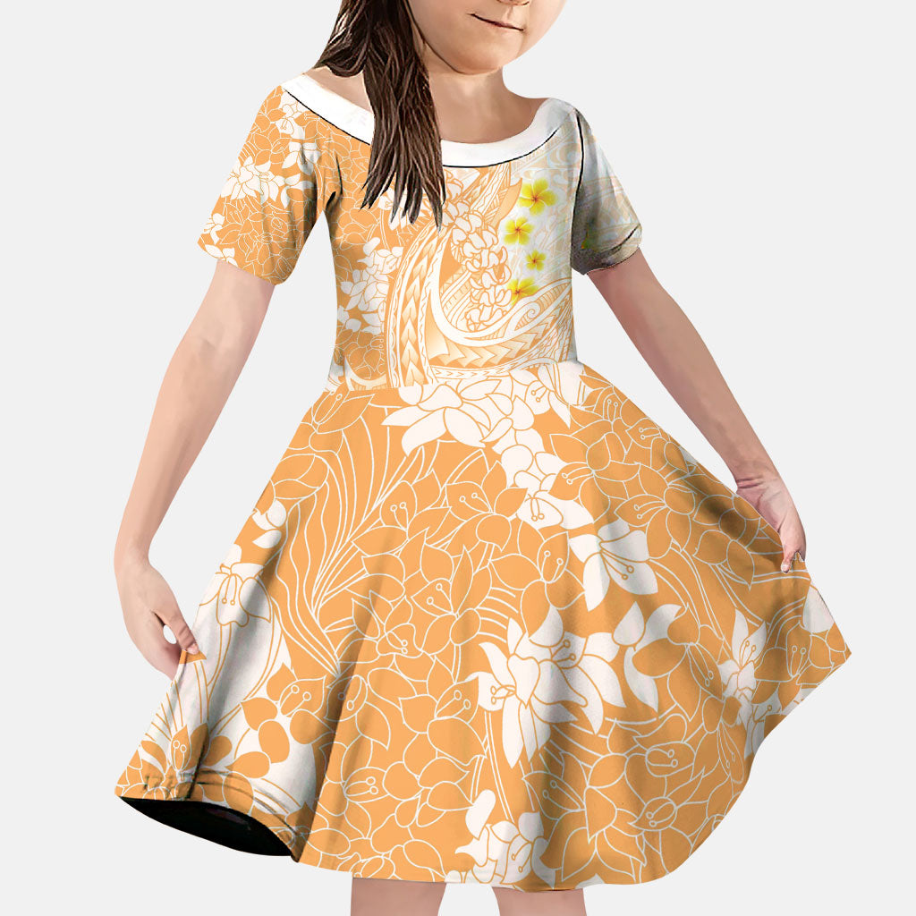 Orange Hawaii Shark Tattoo Family Matching Off Shoulder Maxi Dress and Hawaiian Shirt Puakenikeni Lei Plumeria Polynesian Pattern